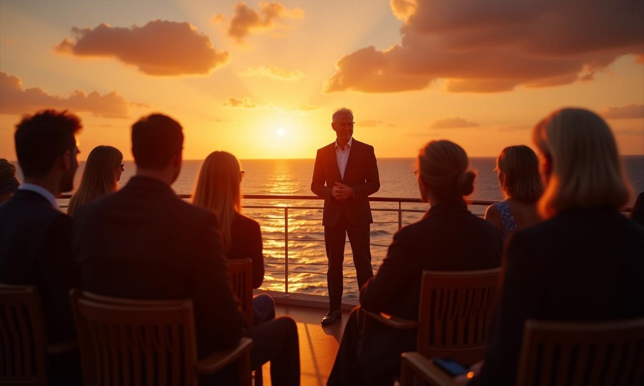 Eine exklusive Autorenlesung auf dem Sonnendeck eines Luxusschiffes bei Sonnenuntergang